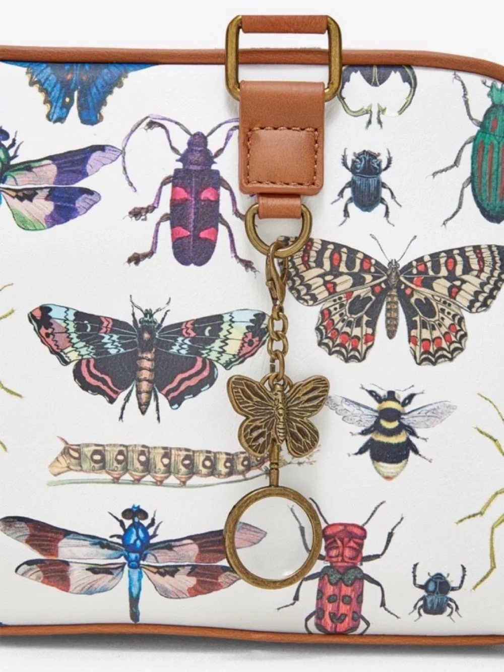 White Botanical Insect-Print Satchel with Tan Straps